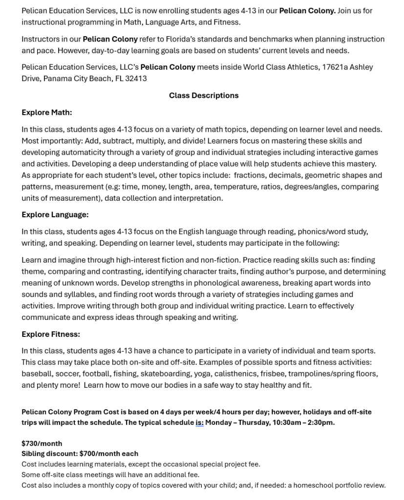 Pelican Education Services, LLC screenshot pelican colony classes